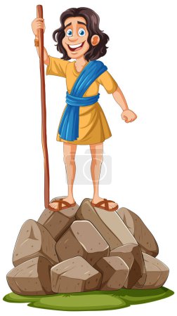 Ilustración de Dibujos animados pastor chico de pie sobre un montón de rocas - Imagen libre de derechos