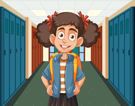 Illustration for Cheerful girl standing in a locker-lined corridor - Royalty Free Image