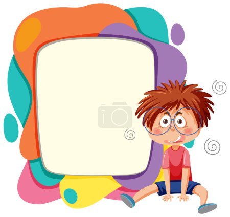 Cartoon boy sitting by a vibrant abstract frame