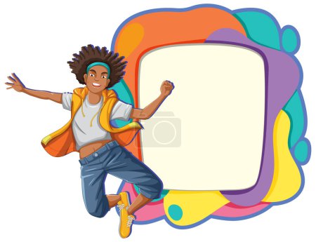 Happy young person jumping beside a vibrant frame.