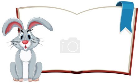 Illustration for Adorable cartoon rabbit sitting by a blank book - Royalty Free Image