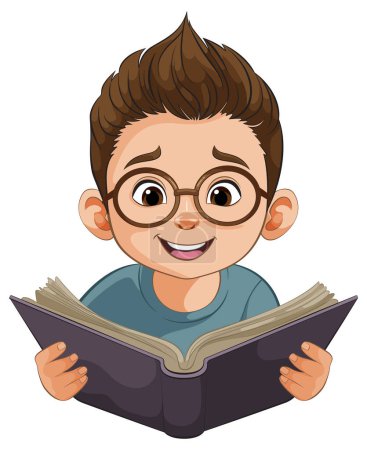 Ilustración de Niño de dibujos animados con gafas leyendo un libro intensamente - Imagen libre de derechos