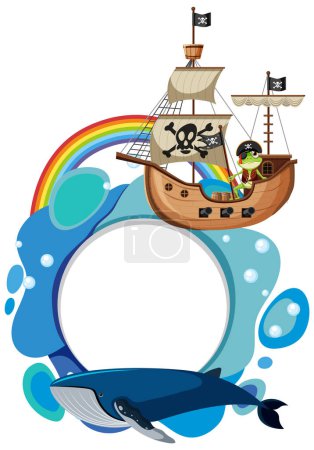 Illustration for Colorful pirate ship sailing over a playful whale - Royalty Free Image