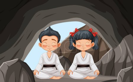 Two children meditating peacefully in a cave