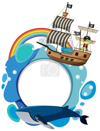 Téléchargez les illustrations : Bateau pirate naviguant sur une baleine avec un arc-en-ciel - en licence libre de droit