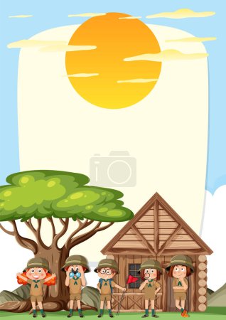 Téléchargez les illustrations : Dessins animés près d'une cabane au lever du soleil - en licence libre de droit
