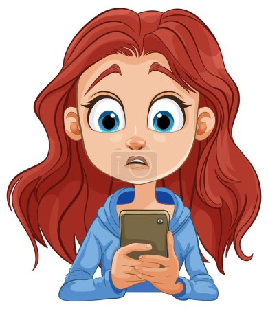 Ilustración de Dibujos animados de una chica mirando sorprendida a su teléfono - Imagen libre de derechos