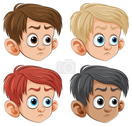 Illustration for Four cartoon boys showing various facial expressions. - Royalty Free Image