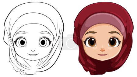 Ilustración de Versiones delineadas y coloreadas de la cara de una chica - Imagen libre de derechos