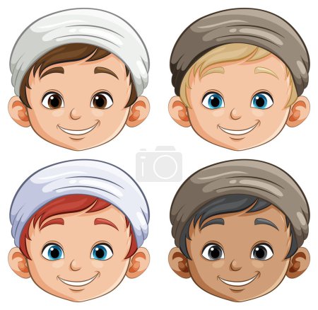 Ilustración de Cuatro chicos sonrientes con diferentes tonos de piel ilustrados. - Imagen libre de derechos