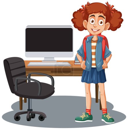 Ilustración de Chica alegre de pie junto a su escritorio de la computadora - Imagen libre de derechos