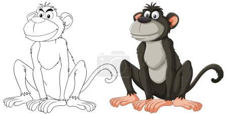 Téléchargez les illustrations : Deux singes de dessin animé, un coloré, une ligne d'art. - en licence libre de droit