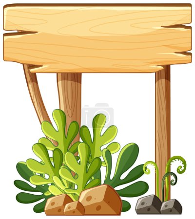 Illustration for Blank wooden signboard with plants and rocks. - Royalty Free Image