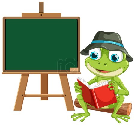 Cartoon-Frosch liest Buch neben einer leeren Tafel