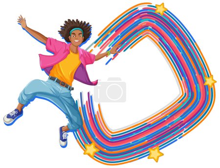 Ilustración de Persona feliz saltando con fondo abstracto colorido - Imagen libre de derechos