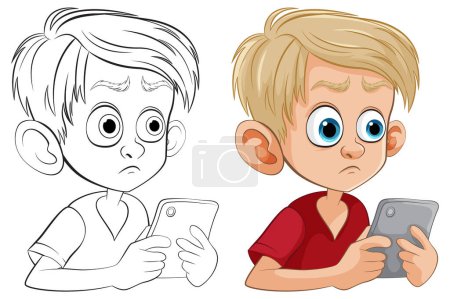 Illustration for Vector illustration of a boy holding a smartphone - Royalty Free Image