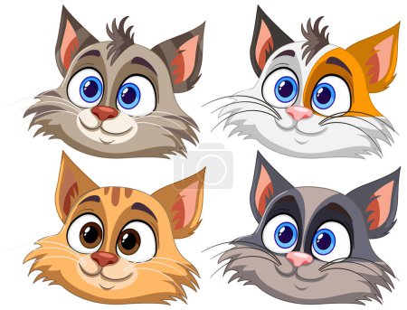 Vier stilisierte Cartoon-Katzengesichter mit unterschiedlichem Ausdruck.