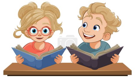 Téléchargez les illustrations : Deux enfants de dessin animé lisant des livres avec joie - en licence libre de droit