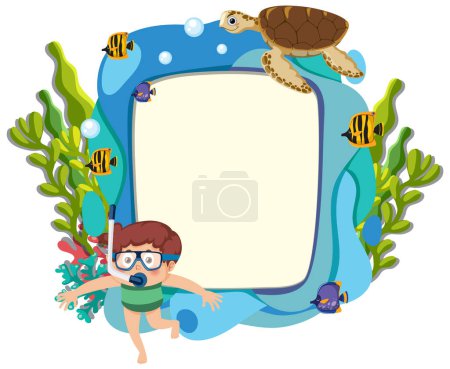 Cartoon child swimming with sea creatures and plants.