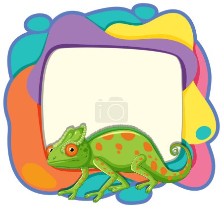 Ilustración de Camaleón vibrante junto a un marco caprichoso y colorido. - Imagen libre de derechos