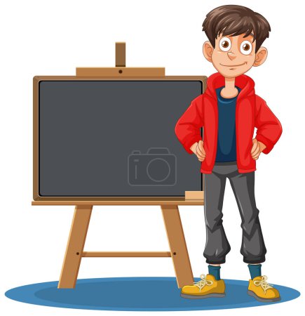 Illustration for Cartoon boy standing next to an empty blackboard - Royalty Free Image