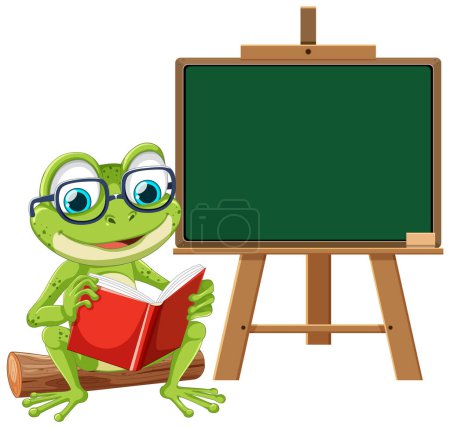 Cartoon-Frosch liest Buch vor der Tafel