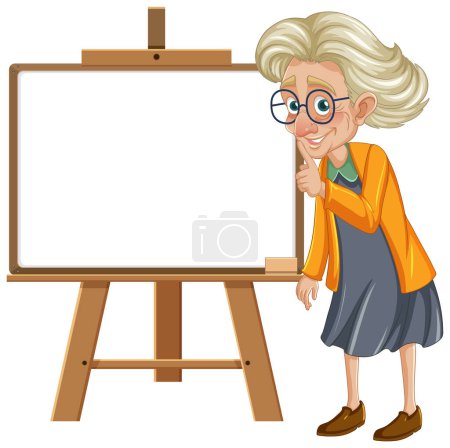 Cheerful elderly woman standing by a blank easel
