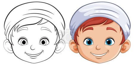 Illustration for Vector illustration of a happy boy's face, colored and outlined. - Royalty Free Image
