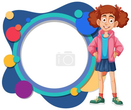 Ilustración de Chica alegre de pie junto a un marco circular vibrante - Imagen libre de derechos