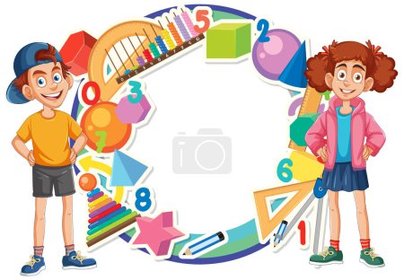 Téléchargez les illustrations : Deux enfants heureux entourés de symboles éducatifs - en licence libre de droit