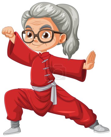 Illustration of a lively elderly woman doing kung fu.