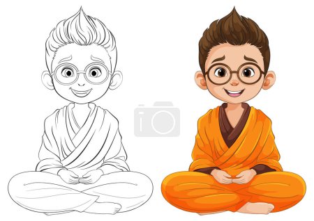 Illustration for Color and line art of a cartoon meditating boy - Royalty Free Image