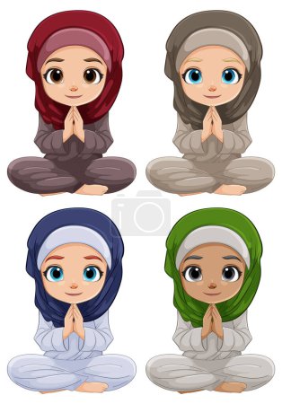 Vier süße animierte Mädchen tragen bunte Hijabs
