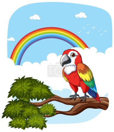 Illustration for Vibrant parrot perched on tree branch, rainbow background - Royalty Free Image