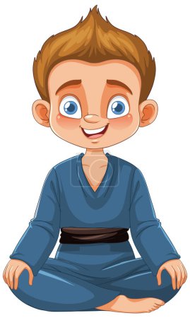 Cartoon boy in blue karate gi sitting cross-legged