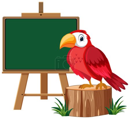 Red parrot perched beside an empty chalkboard