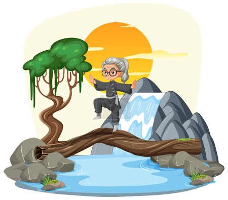 Ilustración de Dibujos animados de una persona mayor caminando por un arroyo - Imagen libre de derechos