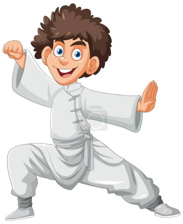 Illustration for Cartoon boy in karate pose wearing white gi - Royalty Free Image
