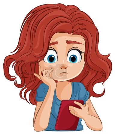 Dibujos animados de una niña pensativa con un libro rojo