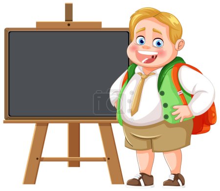 Cheerful young boy with backpack by blackboard