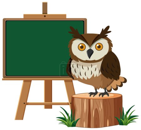 Cartoon owl perched beside a blank chalkboard