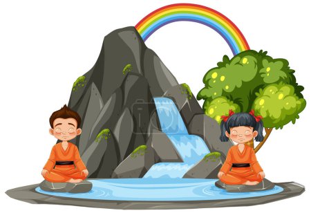Illustration for Two children meditating near a waterfall with a rainbow - Royalty Free Image