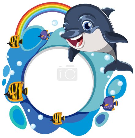 Cartoon dolphin and fish with rainbow and bubbles