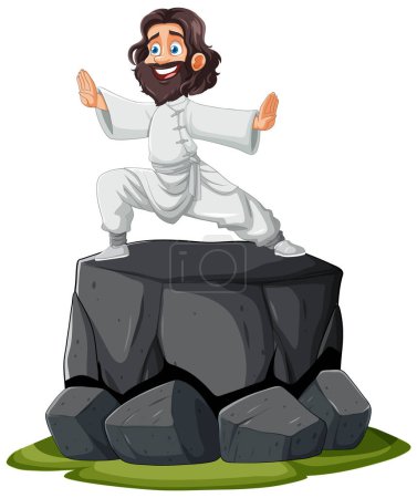 Illustration for Cartoon martial artist standing on a boulder - Royalty Free Image