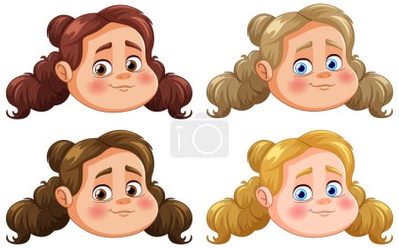 Cuatro ilustraciones vectoriales de chicas jóvenes sonrientes.