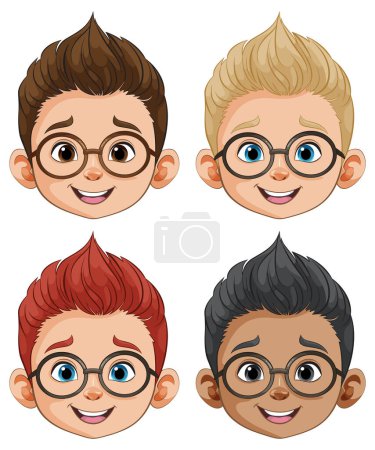 Illustration for Four cartoon boys with different hairstyles and expressions. - Royalty Free Image