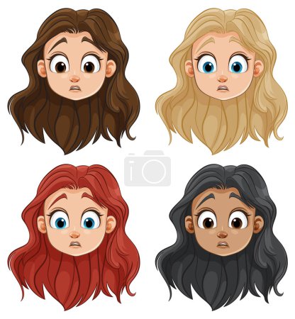 Téléchargez les illustrations : Quatre femmes différentes illustrées avec des coiffures uniques. - en licence libre de droit