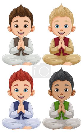 Quatre enfants de dessin animé dans la méditation pose souriant paisiblement