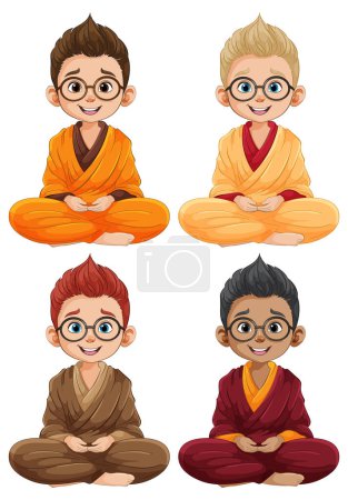 Four cartoon children meditating in traditional attire