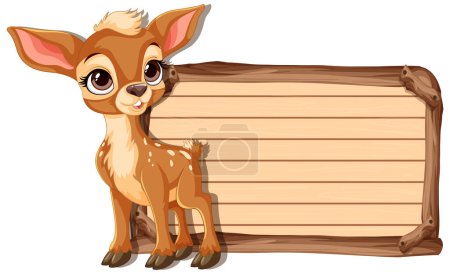 Téléchargez les illustrations : Adorable cerf à côté d'un panneau en bois vierge. - en licence libre de droit
